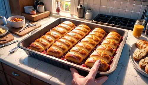 freshly baked buns,pretzel rolls,mini croissants,butter rolls,knishes,kolaches,rye rolls,croissants,currant buns,bread rolls,kanelbullar,breadbox,brioches,challah,baking sheet,ovenproof,overbake,roll pastry,baking pan,salami bread,Anime,Anime,Cartoon