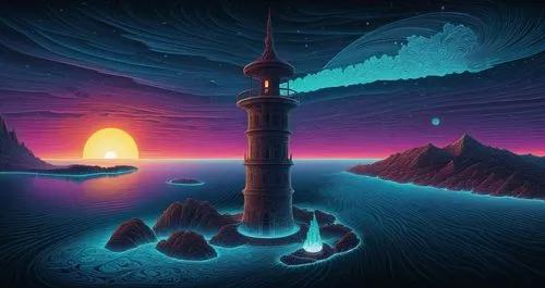 mesmerizing fractal,lava lamp,lighthouse,futuristic landscape,lighthouses,krakatoa,world digital painting,senja,electric lighthouse,minarets,atlantis,metavolcanic,digital art,energia,alien world,vast,