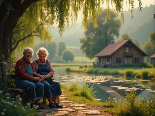 Rural harmony scene, serene countryside atmosphere, lush green hills, traditional wooden farmhouse, smoke rising from chimney, warm sunlight filtering through trees, a winding stone path leading to a 