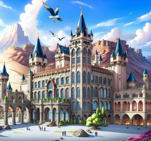 fairy tale castle,castle of the corvin,hamelin,reichstadt,fantasy city,city palace,castlelike,fairy tail,disney castle,diagon,fairytale castle,grand master's palace,castelul peles,tokyo disneyland,fantasyland,knight's castle,europe palace,fantasy world,dragon palace hotel,3d fantasy,Anime,Anime,Realistic