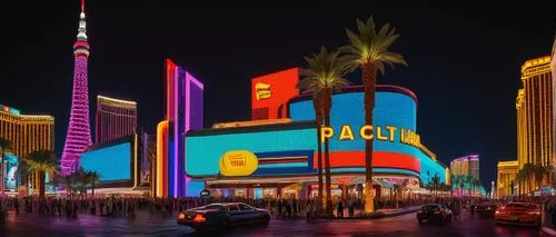 Las Vegas, modern futuristic architecture, Lego style, colorful neon lights, skyscraper, casino building, giant LED screen, intricate details, symmetrical composition, low-angle shot, dramatic lightin