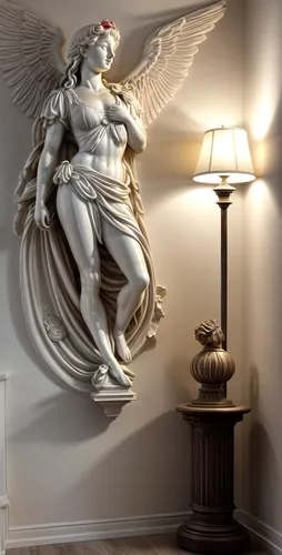 Plaster angel wall, a  big clock on wall, a roses stand pot, a marcopolo statue ,eros statue,angel statue,baroque angel,angel figure,business angel,the statue of the angel,angel moroni,ceiling lamp,we