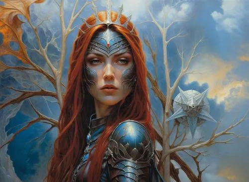 an elf with armor and a bird in her hair,morwen,melisandre,blue enchantress,fantasy woman,sorceror,illyria,Illustration,Realistic Fantasy,Realistic Fantasy 03