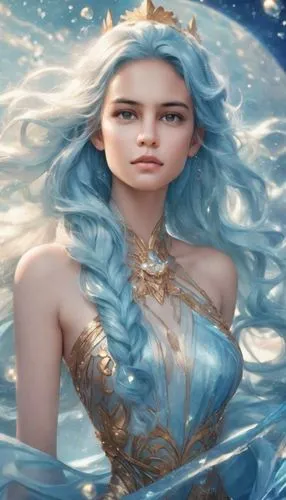 the girl has blue hair and blue gown,amphitrite,ice queen,the snow queen,naiad,water nymph,galadriel