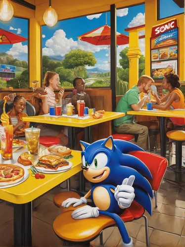 kids' meal,fast food restaurant,sonic the hedgehog,fast-food,family dinner,retro diner,fast food,fine dining,last supper,dining,diner,romantic dinner,a restaurant,food court,sega,pizzeria,fast food junky,fastfood,family outing,subway,Art,Classical Oil Painting,Classical Oil Painting 29