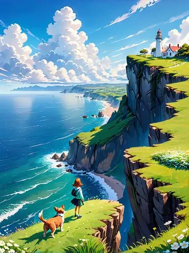 landscape background,fantasy landscape,cliffs ocean,studio ghibli,world digital painting,ireland,coastal landscape,an island far away landscape,idyllic,peninsula,isle of may,high landscape,beautiful landscape,cartoon video game background,exmoor,emerald sea,mountain and sea,background images,mushroom island,3d fantasy,Anime,Anime,General