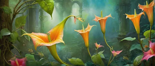 Compose a whimsical children's fairy tale featuring talking brugmansia flowers who go on an adventure.,fairy forest,lilies,lilies of the valley,tulip background,angel's trumpets,lillies,fairy world,to