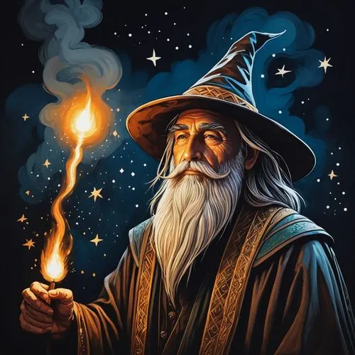 Wizard pointing a wand at exploding rocks, stars and moons embroidered, mysterious smoke, dark misty background, mystical aura, dramatic spotlight, cinematic composition, high contrast, bold brushstro