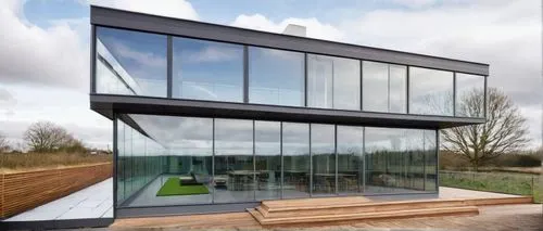 Modern architectural design, Harlow, Essex, UK, sleek glass façade, steel frame, minimalist lines, green roof, solar panels, large windows, open floor plan, Scandinavian-inspired interior, wooden floo