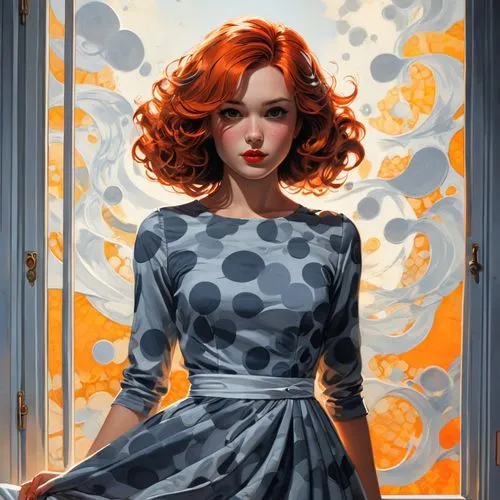 orange,polkadot,polka dot dress,retro pin up girl,retro woman,siryn,polka dot paper,orange dots,orange blossom,tangerine,macniven,retro girl,madelyne,fiery,rahne,orange petals,mademoiselle,pin up girl,transistor,pin-up girl,Illustration,American Style,American Style 13