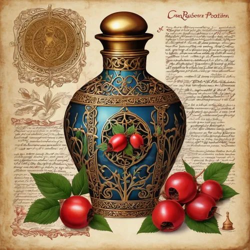 pomegranate juice,rose hip oil,cream liqueur,perfume bottle,poison bottle,flagon,christmas scent,perfume bottles,parfum,pomegranate,creating perfume,potions,perfumes,siberian ginseng,balsamic vinegar,natural perfume,liqueur,apothecary,vintage ornament,argan tree,Illustration,Realistic Fantasy,Realistic Fantasy 43