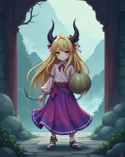 Suika Ibuki, wearing a tattered light pink blouse, a long purple and pink skirt, and three shackles with chains on her right arms and leg, (Suika Ibuki, very long blonde hair tied at the top with a re