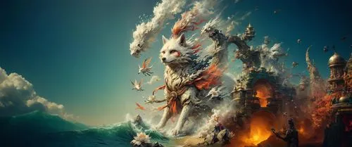 пусто,a painting shows a city with fire on the ground,fireships,maelstrom,god of the sea,cataclysm,firewind,fantasy picture