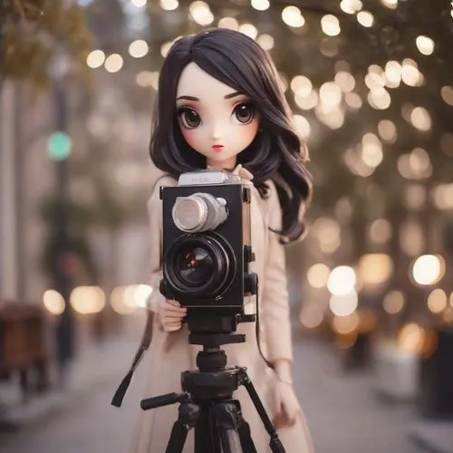 a close up of a doll near a camera,a girl with a camera,camera stand,girl making selfie,camera tripod,taking photo,mini tripod,Photography,Natural