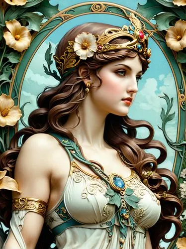 amphitrite,maenad,persephone,hesperides,viveros,athena,frigga,aphrodite,maenads,melusine,diadems,art nouveau,ariadne,sigyn,laurel wreath,circe,bacchante,majevica,priestess,circlet,Illustration,Retro,Retro 13