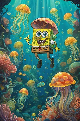 Imagine a day in SpongeBob's life as he explores Jellyfish Fields.,underwater background,house of sponge bob,under sea,sponge bob,scuba,under the sea,god of the sea,underwater world,sponge,coral guard