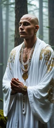 Ethereal astral monk, mystical aura, glowing eyes, shaved head, intricate tattoos on arms and chest, flowing white robes with golden trim, ornate prayer beads, levitating in meditation, serene forest 