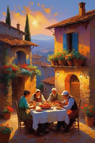 sicilian cuisine,tuscan,italian painter,gnomes at table,romantic dinner,dining,italian food,tuscany,family dinner,pizzeria,alpine restaurant,italy,a restaurant,bistro,italians,breakfast table,summer evening,italia,restaurant,candle light dinner,Conceptual Art,Sci-Fi,Sci-Fi 22