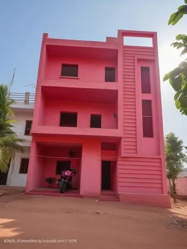 Brown colour and dark red skin colour light grey colour firozi aur pink color,a very bright red building that has stairs and an opening to the room,cube house,cube stilt houses,cubic house,gopuram,vid