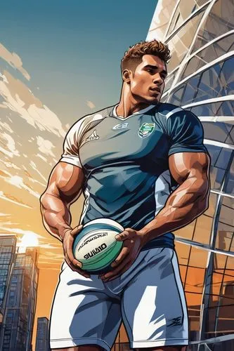 Rugby player, muscular man, strong facial features, short messy hair, no glasses, sporty casual clothing, athletic wear, holding rugby ball, standing in front of modern architectural building, glass a