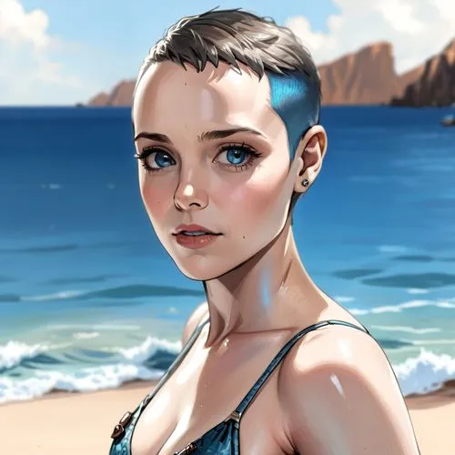 short hair rachel mcadams, bikini,a portrait of a woman wearing blue at the beach,rey,liara,beach background,kitana,digital painting,blue hawaii,Anime,Anime,General