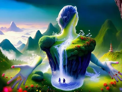 a painting that has a woman holding her hands out,mushroom landscape,mountain spring,cartoon video game background,alfheim,fantasy picture,fantasy landscape,Illustration,Abstract Fantasy,Abstract Fant