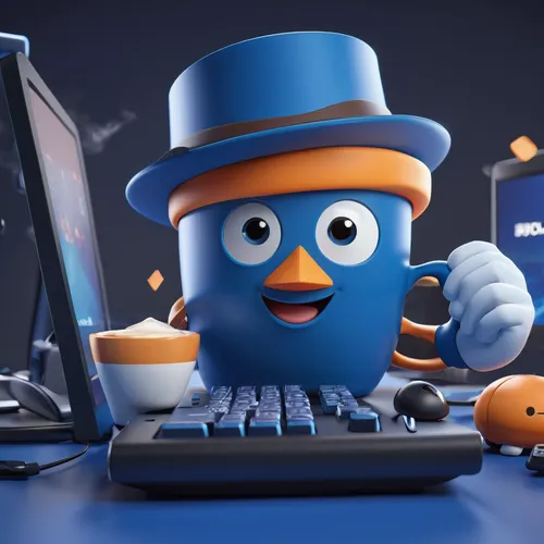 A cartoon,An alluring scene showcasing a modern computer surrounded by dark blue, a steaming coffee mug, and gaming elements, capturing the essence of a balanced and tech-savvy lifestyle, in the style