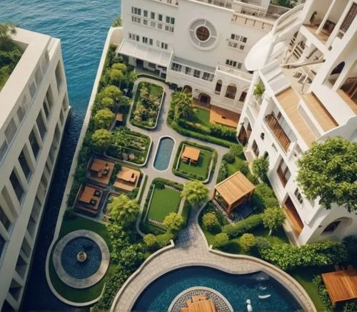 generate realistic rendering Islamic features , landscaping elements that connecting the project blocks with each other , and keep the mesmerizing sight of the ocean conncted to the project with chair