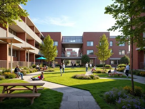 Vibrant student courtyard, lush green lawns, blooming flower beds, modern outdoor furniture, wooden benches, steel pergolas, colorful umbrellas, educational signage, natural stone pathways, brick buil