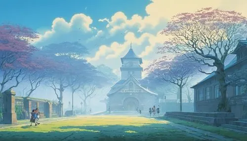 studio ghibli,chomet,ghibli,vesperia,violet evergarden,yazaki,spring morning,sylvania,church painting,miyazaki,yoshikuni,euphonium,cloudstreet,thatgamecompany,symphonia,kinkade,springtime background,spring background,layton,kulpsville,Illustration,Japanese style,Japanese Style 14