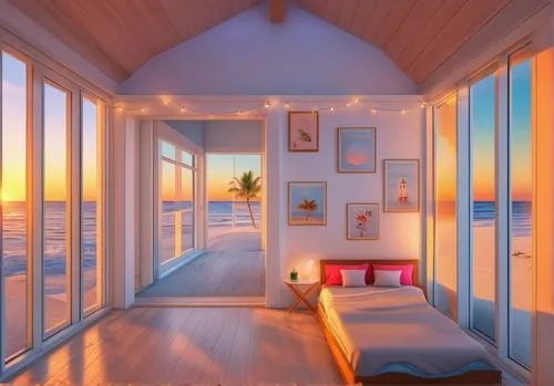 beach hut,window with sea view,sleeping room,bedroom window,bedroom,great room,modern room,ocean view,cabana,beach house,sky apartment,guest room,seaside view,beach huts,beachhouse,inverted cottage,danish room,window treatment,hallway space,japanese-style room,Photography,General,Realistic