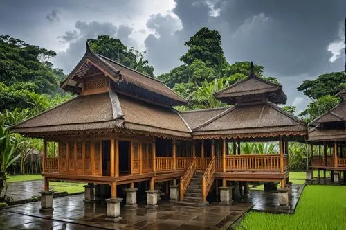 an outside view of some building with a balcony,javanese traditional house,longhouses,ubud,longhouse,asian architecture,stilt house,Photography,General,Realistic