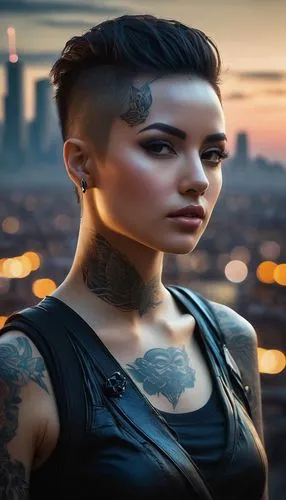 tattoo girl,derivable,ashlee,salander,dusk background,undercut,shadowrun,askani,mohawk,tattooist,bisignani,tats,replicant,bani,punk,portrait background,neuromancer,city ​​portrait,tatman,cyberpunk,Conceptual Art,Fantasy,Fantasy 11