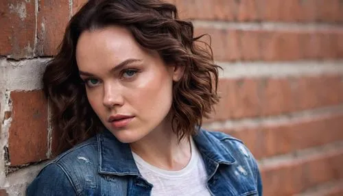 daisy jazz isobel ridley,brie,curly brunette,portrait background,female hollywood actress,denim background,portrait photography,jean jacket,cg,beautiful woman,concrete background,brick background,female model,attractive woman,brick wall background,jena,photo session in torn clothes,denim jacket,forehead,freckles,Photography,General,Natural