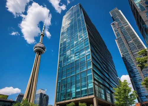 Modern architecture, Toronto cityscape, sleek skyscraper, glass and steel structure, reflective windows, rooftop garden, abstract sculpture, urban atmosphere, daytime, sunny weather, blue sky with whi