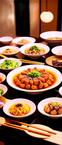 Delicious Chinese dishes, steaming hot, assorted plates, round table setting, festive atmosphere, chopsticks, ceramic bowls, savory aromas, mouthwatering flavors, golden brown color, shallow depth of 