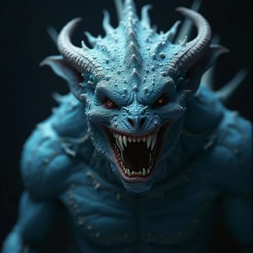 A creature with a menacing appearance, featuring sharp teeth, a horned head, and icy blue and white details, is captured in a close-up shot. The creature's skin appears rough and textured, with intric