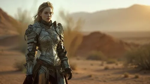 a woman in armor standing in the desert,female warrior,helgen,aveline,lonka,cryengine,warden