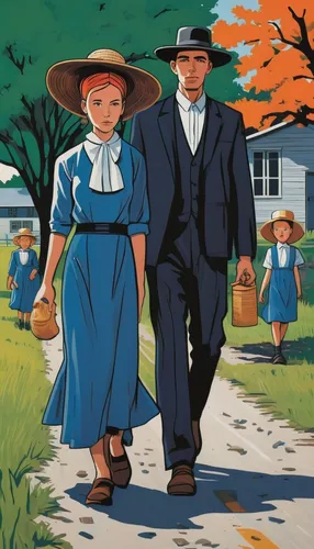 amish,pilgrims,mennonite heritage village,grant wood,vintage man and woman,walk with the children,american gothic,juneteenth,man and wife,vintage illustration,pilgrim,american frontier,country dress,square dance,southern belle,vintage children,girl scouts of the usa,post impressionism,man and woman,the victorian era,Illustration,American Style,American Style 09