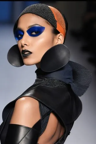 a woman with blue make - up and leather clothing,derivable,mugler,galliano,gaultier,rykiel,fendi,Photography,Fashion Photography,Fashion Photography 26