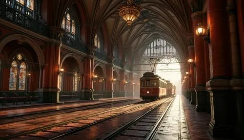 Intricate tram station, captivating Gothic elements, vaulted ceilings, ribbed arches, stunning stained glass windows, ornate metalwork, grandiose entrance halls, dramatic lighting effects, mysterious 