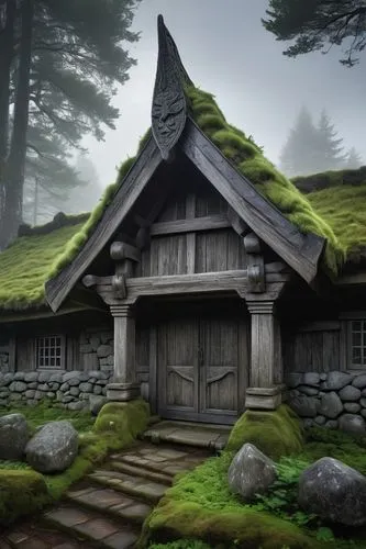 Ancient Scandinavian architecture, wooden Viking Age style, rustic timber framework, intricately carved doorways, dragon head decorations, turf roof, stone foundation, surrounded by lush greenery, mis