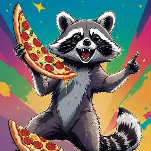 rocket raccoon,racoon,raccoon,raccoons,racoons,pizza,Illustration,Japanese style,Japanese Style 04