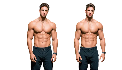 Muscular man, shirtless, ripped chest, six-pack abs, strong jawline, short messy brown hair, intense gaze, silver chain necklace, black pants, standing pose, contrapposto, soft natural light, 3/4 comp