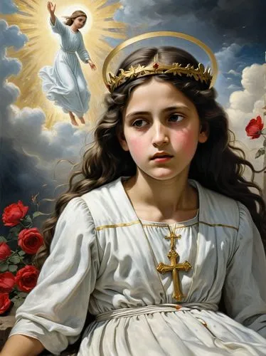 The picture shows a dramatic scene depicting Maria Teresa Goretti, a young saint who died in 1902 at the age of just 11. She is known for her forgiveness of her attacker shortly before her death. In t