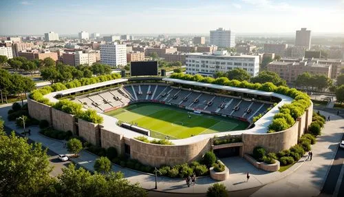 Vibrant green roofs, lush vegetation, natural stone facades, curvaceous architecture, sweeping lines, grandstand seating, sports field lighting, scoreboard displays, stadium concourse, pedestrian walk