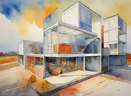 Watercolor painting in clear tones with margins,habitat 67,cubic house,contemporary,house drawing,modern architecture,dunes house,cube house,modern house,cube stilt houses,archidaily,glass facade,fram