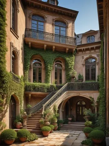 French Renaissance style architecture, grandiose, ornate details, intricate stone carvings, symmetrical facade, tall slender windows, balconies with iron railings, carved wooden doors, rusticated quoi