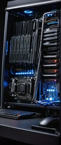 Modern computer, high-performance, sleek design, metallic material, intricate circuitry details, motherboard, CPU, RAM, GPU, cooling system, vents, LED lights, futuristic atmosphere, 3/4 composition, 