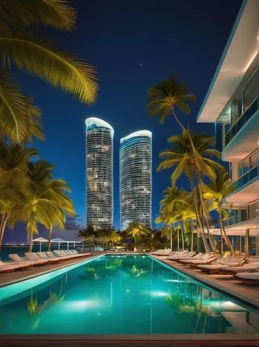 Modern Miami skyscraper, futuristic architecture, sleek lines, reflective glass facade, neon lights at night, tropical palm trees surrounding, oceanfront property, white sandy beach, clear turquoise w